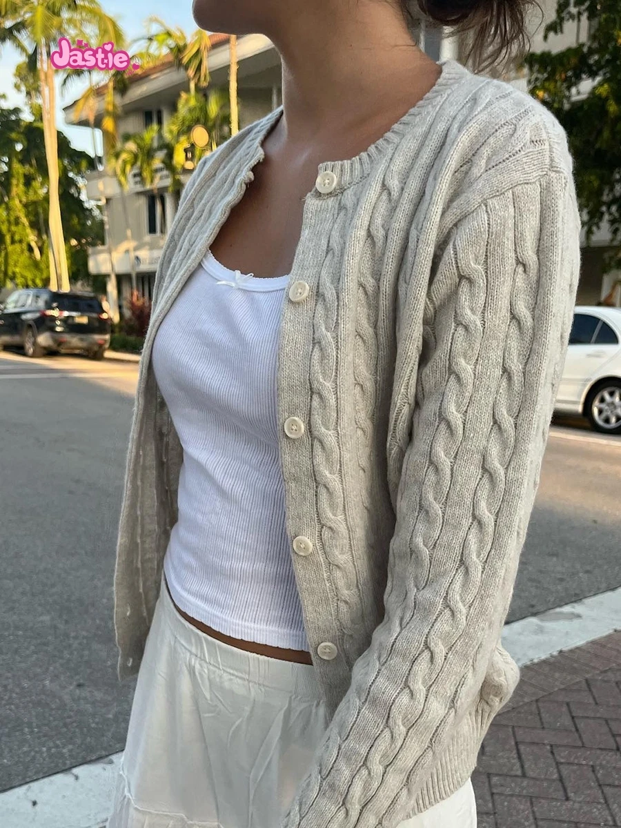 Sweet Solid Twist Knit Cardigan Women Autumn Warm Cotton Casual Streetwear Long Sleeve Button Jumper Coat Vintage Y2K Sweaters