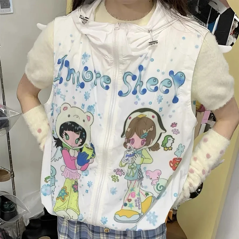 

Japan Sweet Anime Cartoon Printed Vest Hooded Zipper Sleeveless Cute Kawaii Vest Loose Casual Street Graffiti Preppy Top