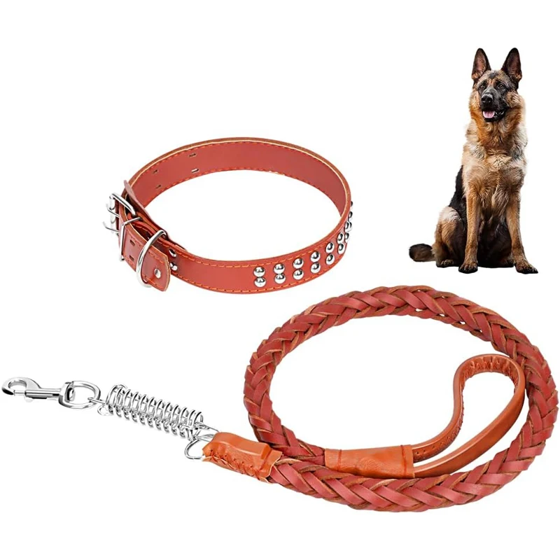 Cowhide Collar+leash Strong Real Big Dog Collar High Leather Braided Dog With Buffer Spring Pet Traction Rope For Shepherd Dog_voghion.com