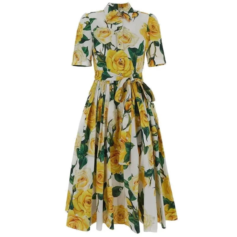 

Summer Runway Shirt Dress Women's Lapel Yellow Rose Printed Single Breasted Lace Up Belt Short Sleeve Midi Long Vestidos 6838