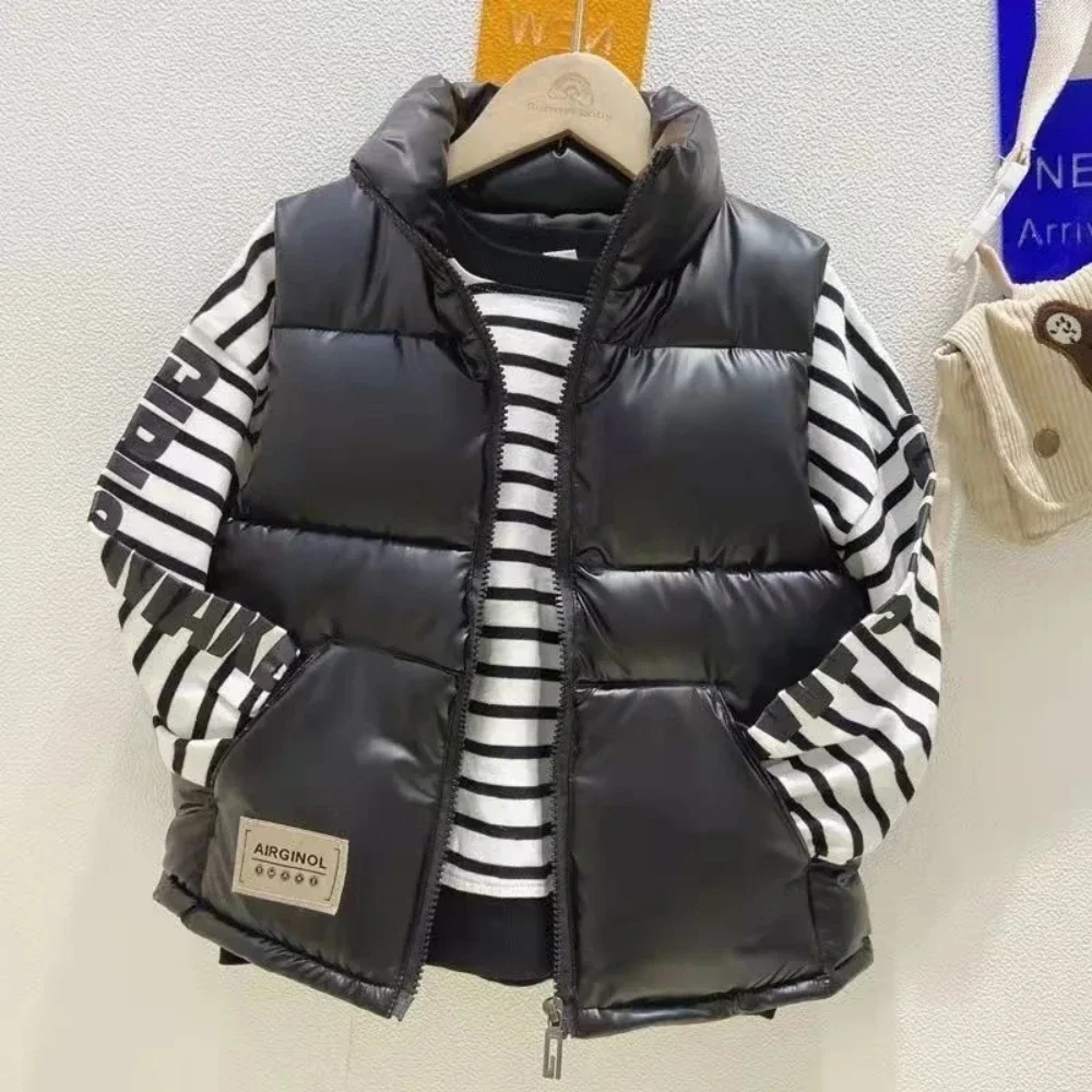 Glossy Solid Stand Collar Zipper Down Cotton Padded Warm Thicken Autumn Winter Vest 2023 Fashion Boys Children New Outerwear