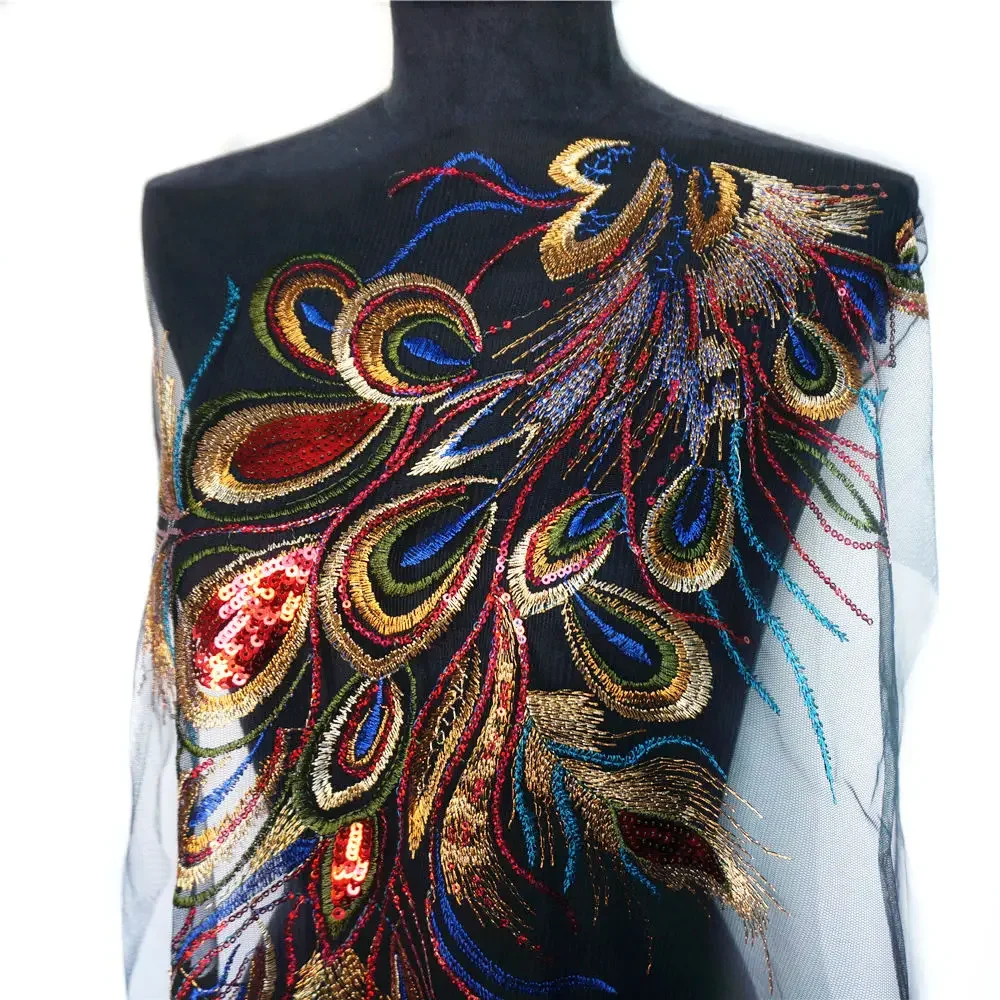 Gold Blue Red Sequin Peacock Phoenix Feather Lace Fabric Black Mesh Embroidered Gown Appliques Sew Patch For Wedding Decoration