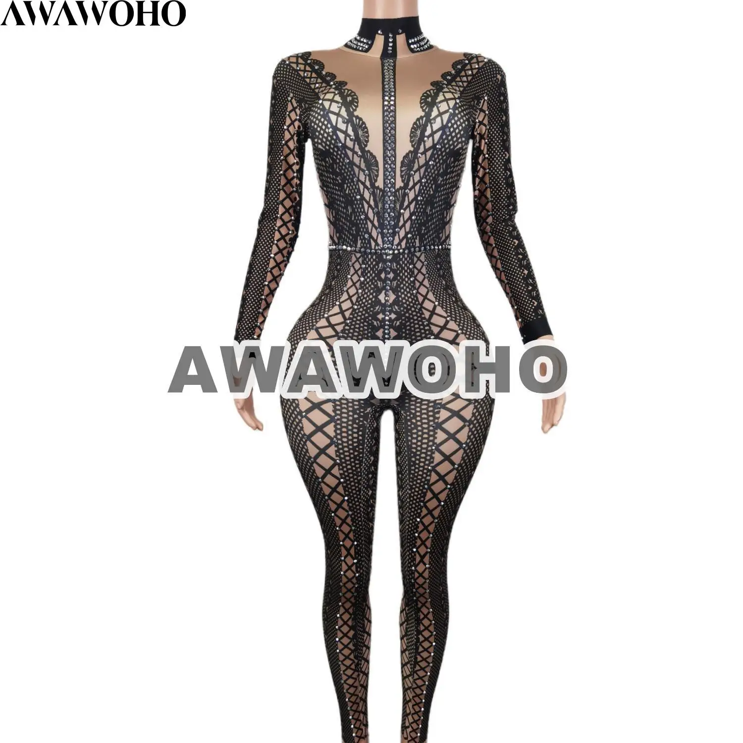 

AWAWOHO Women Fashion Sexy Stage Printed Jumpsuit Skinny Leggings Bodysuit Stage Black Rompers Big Stretch Dress Heilianti