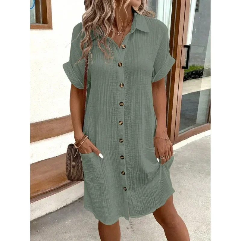 Women V-neck Button Cotton Linen Dress Short Sleeve Solid Color Single Breasted Summer Mini Shirt Dress