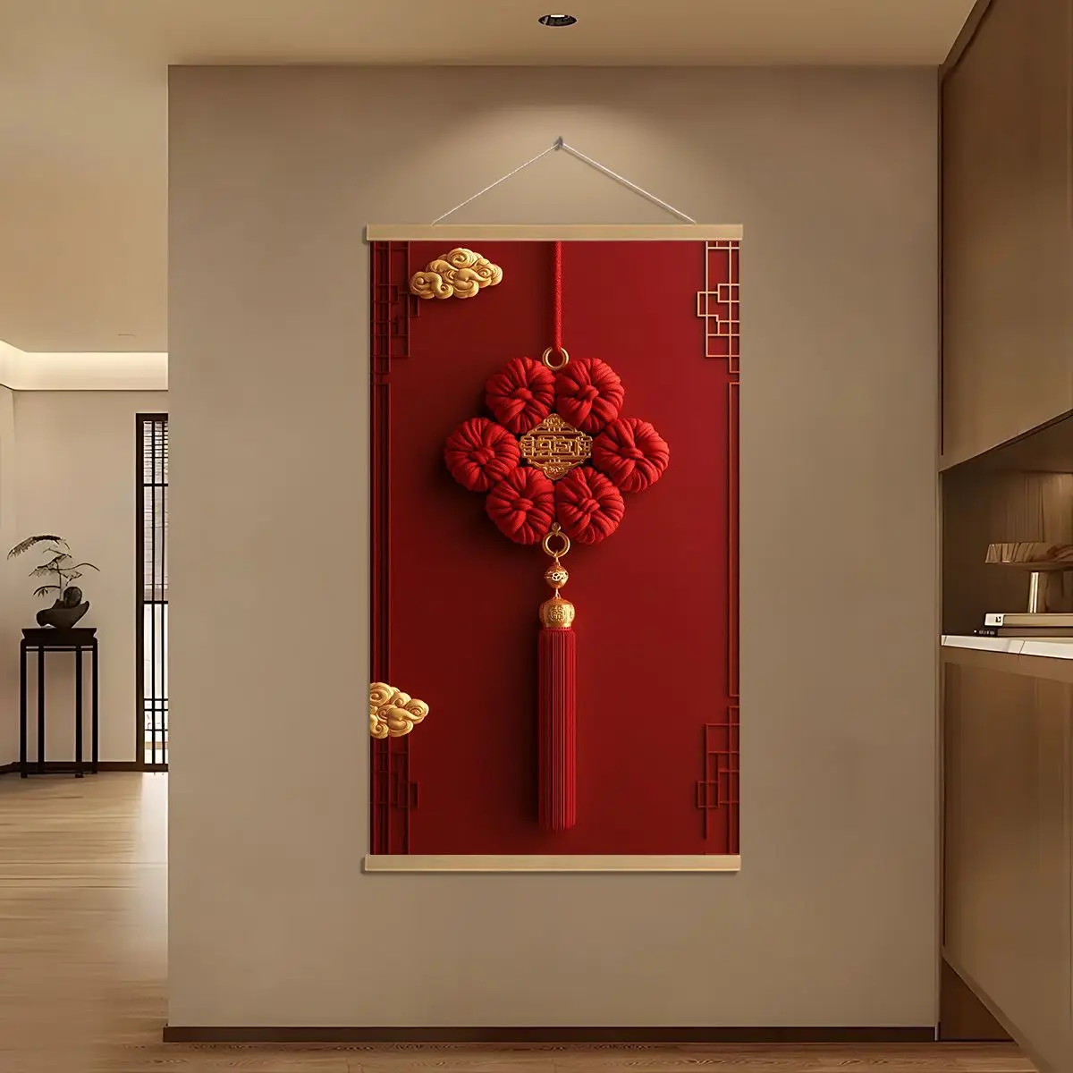 Chinese Knot Red Gold 3D Tassel Hanging Ornament Auspicious Cloud Spring Festival Wall Art Decor For Home Entrance