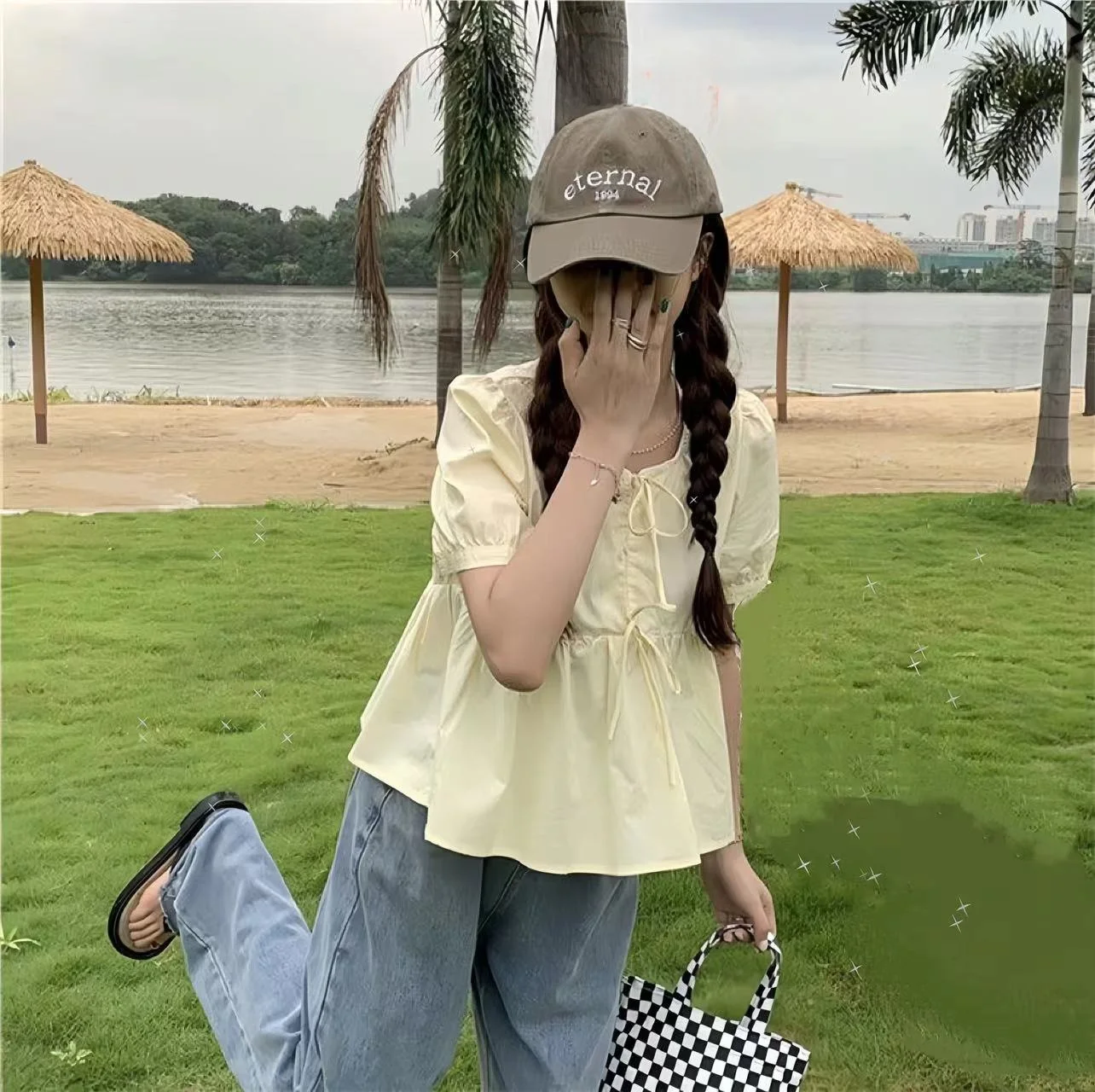 

Chic Summer Gentle Wind Tie Doll irt ort Sve Loose Bubble Sve Women's irt Korean Sle Straight Cut Other Material