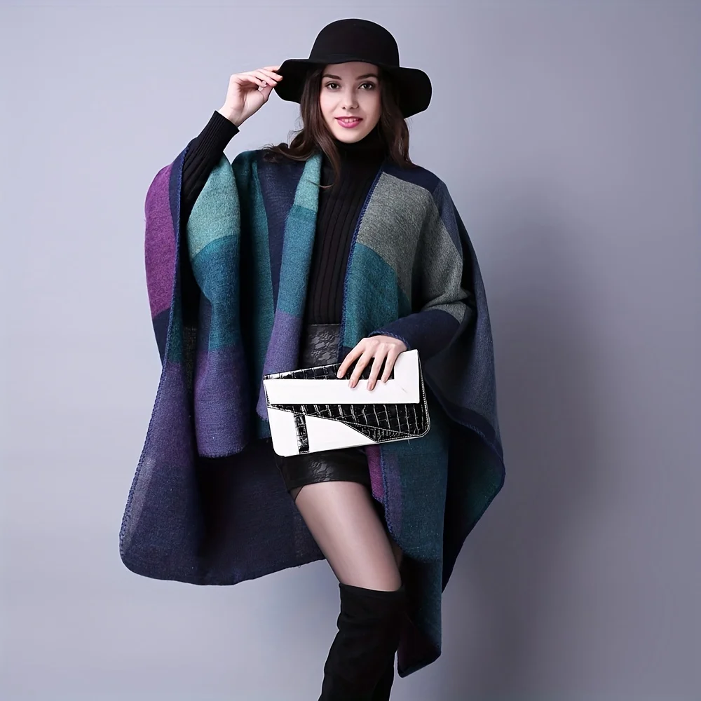 Vintage Color Block Shawl Imitation Cashmere Warm Warm Wrap Boho Large Blanket Scarf Poncho Capes Thickend Cloak For Outdoor