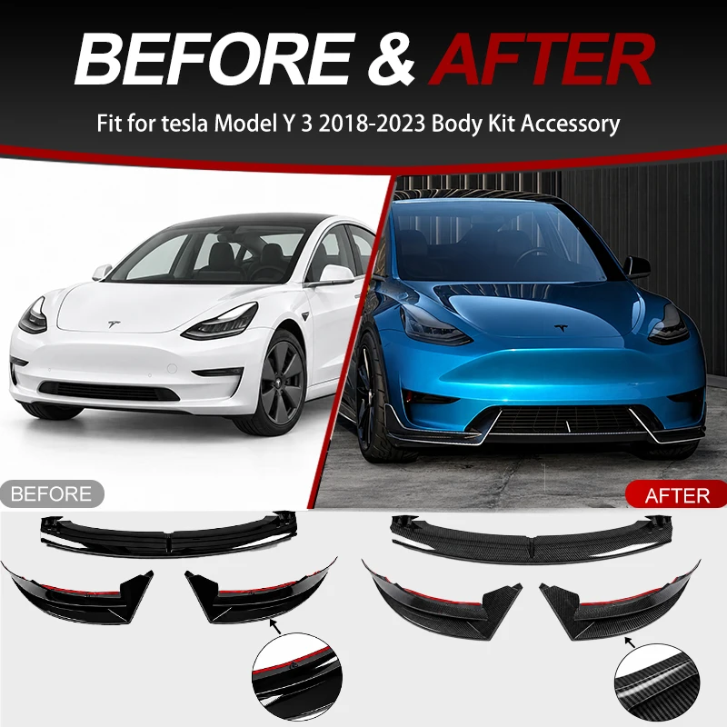Bright Black Front Bumper Lip Diffuser Body Kit Spoiler Air Deflector Cover Modification Accessory for Tesla Model 3 (2018-2022)
