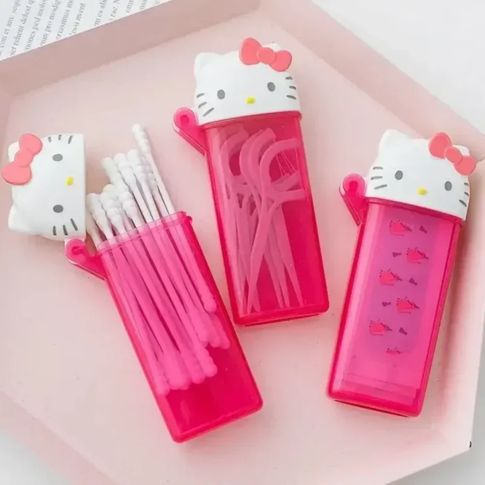 Kawaii 헬로 키티 Sanrio 보관 상자 애니메이션 마이 멜로디 이쑤시개 화장품 면봉 보관 상자 휴대용 여행 미니 컨테이너 선물