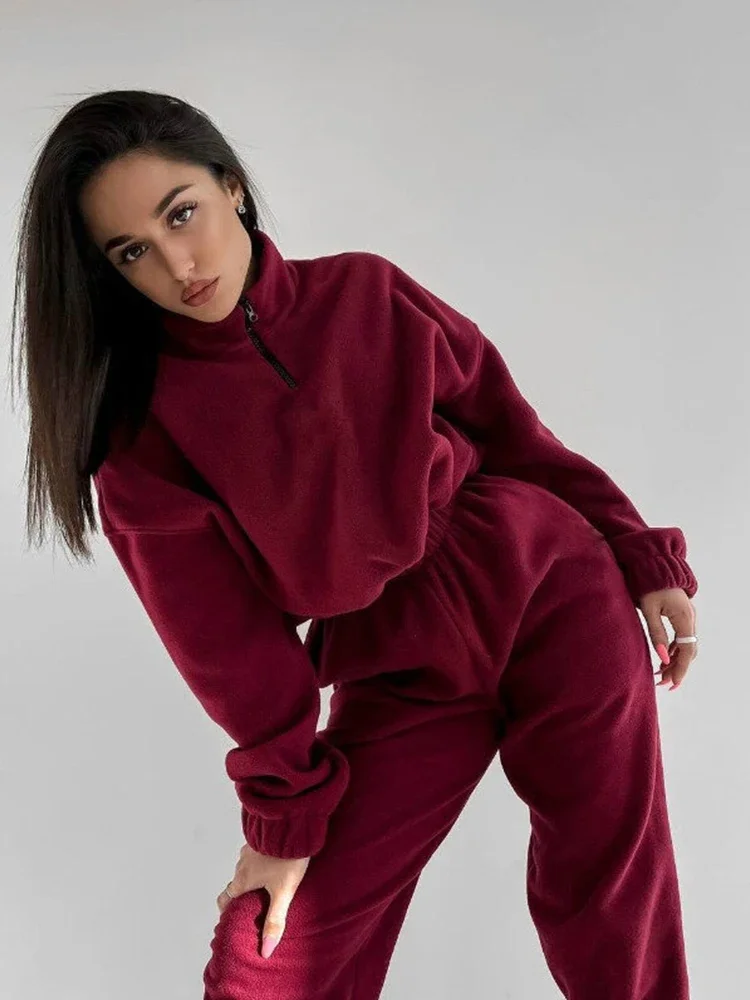 HOUZHOU Women\'s Tracksuit Fleece Sweatshirt Two Piece Set Euphoria Outfit Jogger Pants Sets Female Autumn Casual Sportswear Suit