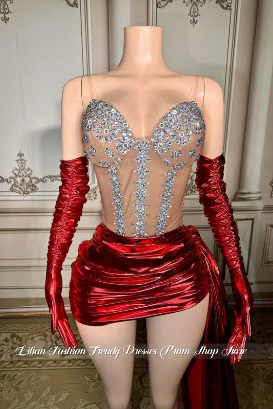 Abito da cocktail sexy rosso personalizzato Minigonna con perline senza spalline Orlo per occasioni speciali Abito da ballo Abito da festa di compleanno per ragazza nera