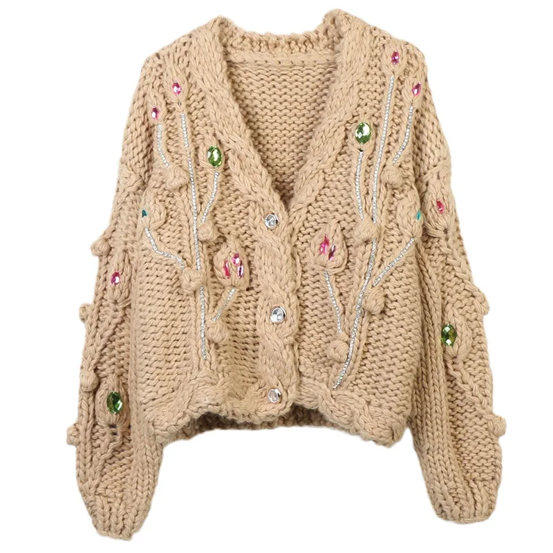 

Pink Cardigans Autumn Short Sweaters Wool Winter Women Flower Diamond V-neck Loose Long-sleeved Knitted Hand Crochet Mohair Tops