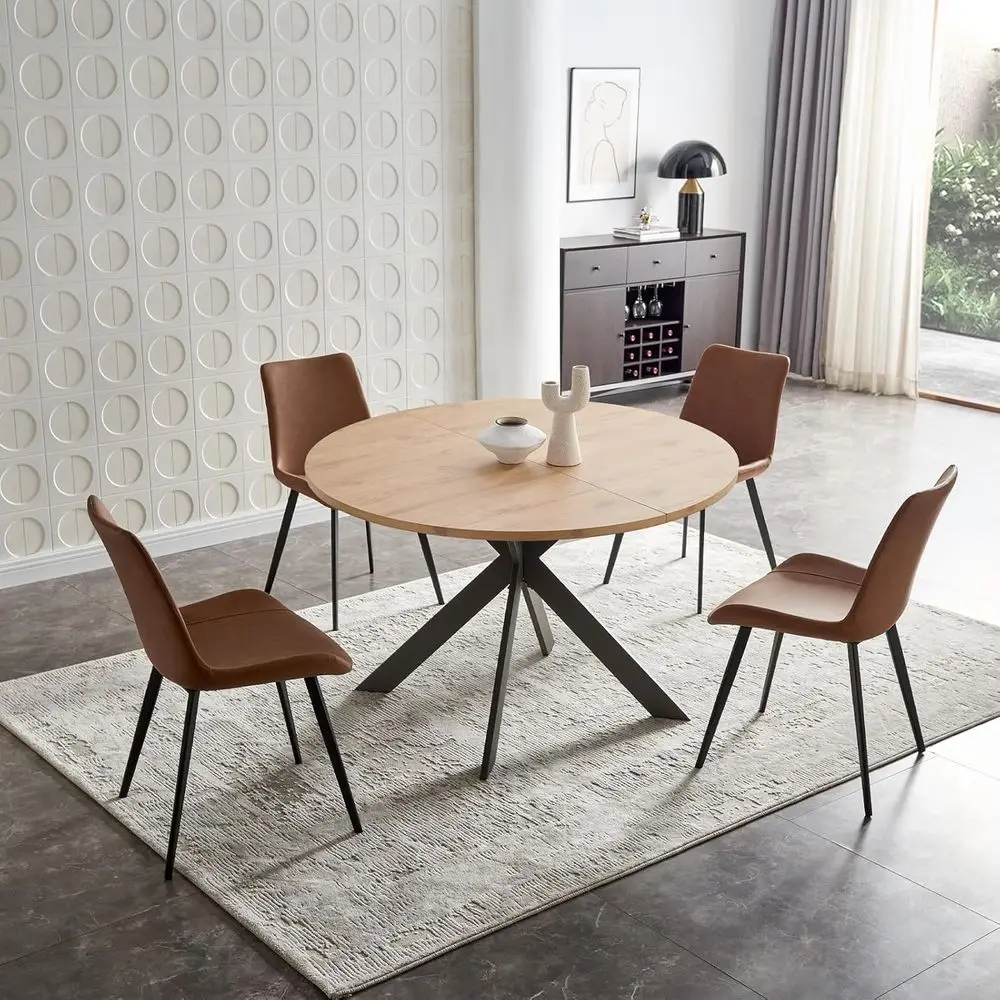 

46.4 Modern Round Dining Table Set for 4-6 People, Steel Legs, Ideal for Coffee or Kitchen Dining, Space-Saving with 4 Brown Cha