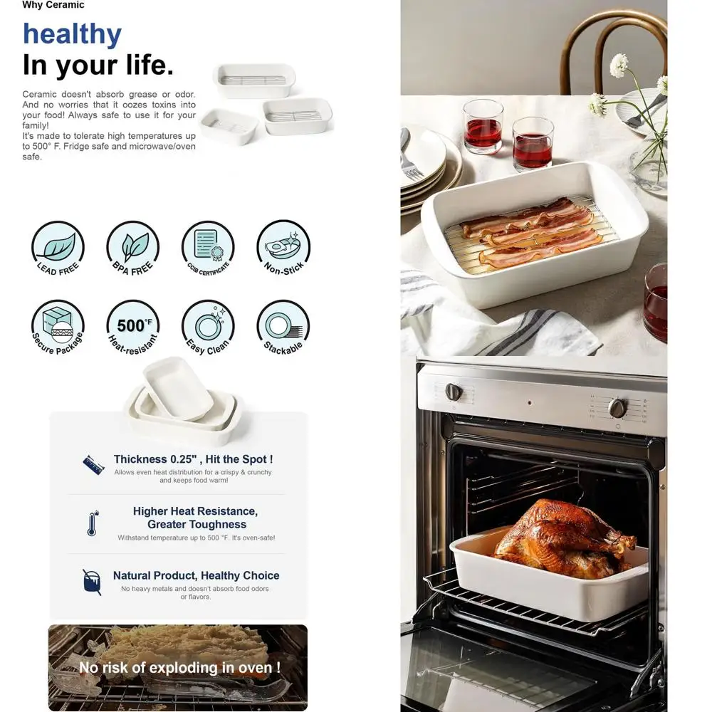 

Set of 3 White Ceramic Baking Dishes with Racks, 13.7x9.6, 4.6QT/3.0QT/1.6QT, Ideal for Lasagna & Roasting, Oven-Safe, Perfect G