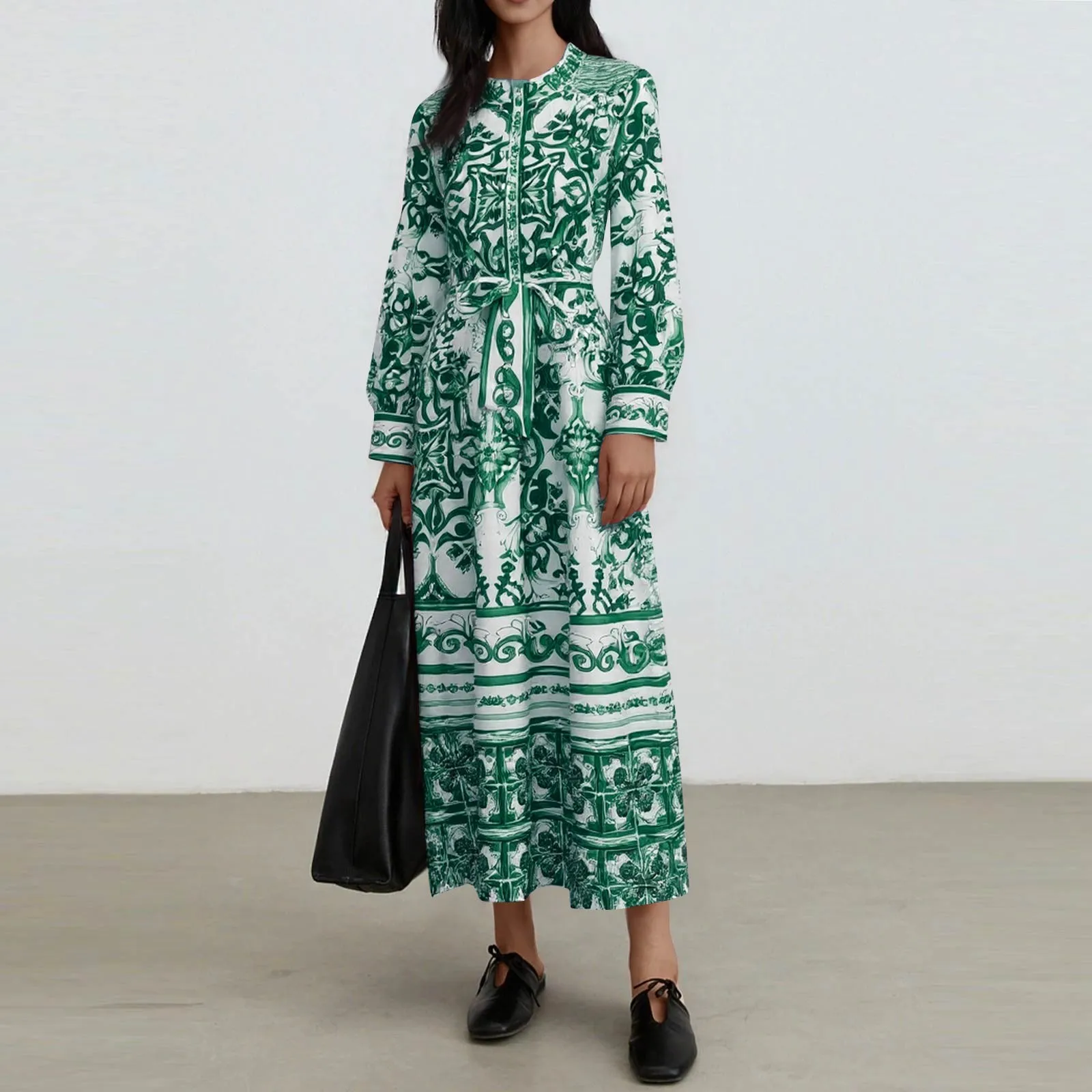 

Retro Palace Style Lantern Sleeve Tie Swing Dress For Women Fashion Bohemian Printed Dress Casual Summer Dress Vestidos