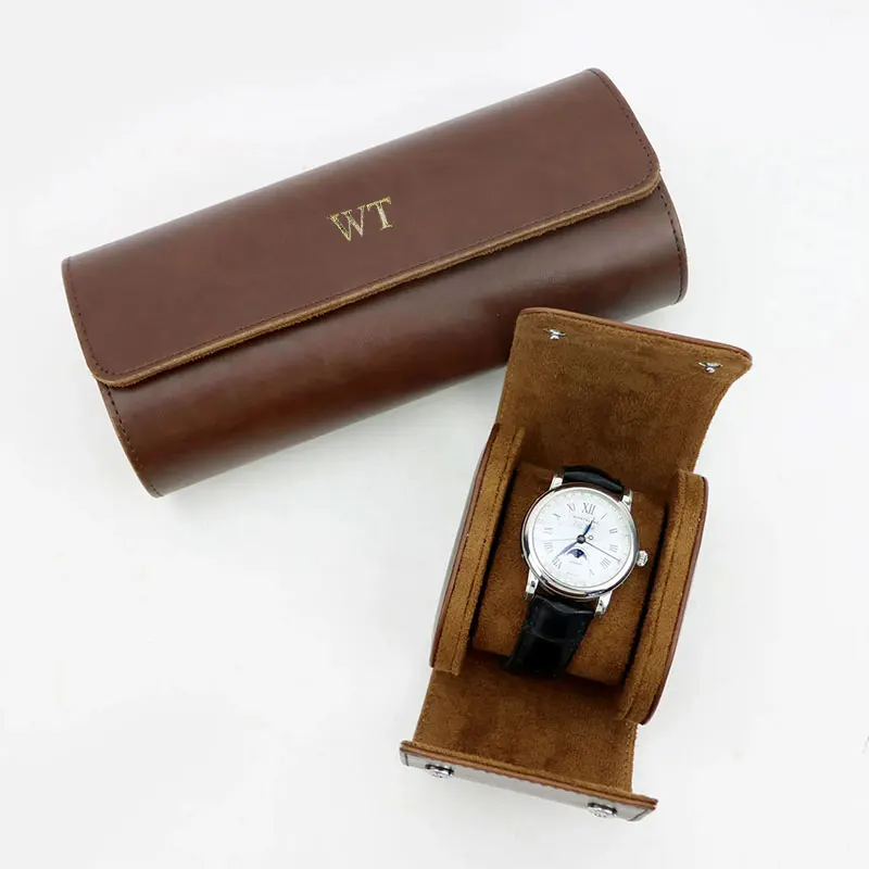 

Customized Letters PU Leather Watch Roll Men Watch Holder With Slid in out Organizer Men 3 Slots Watch Display Storage Box