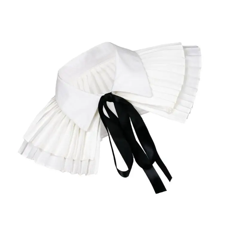 652F Tie Pleated Collar Girls Detachable Victorian Collar Lapel Preepy Look Cosplay Victorian Pleated Shawl Collar