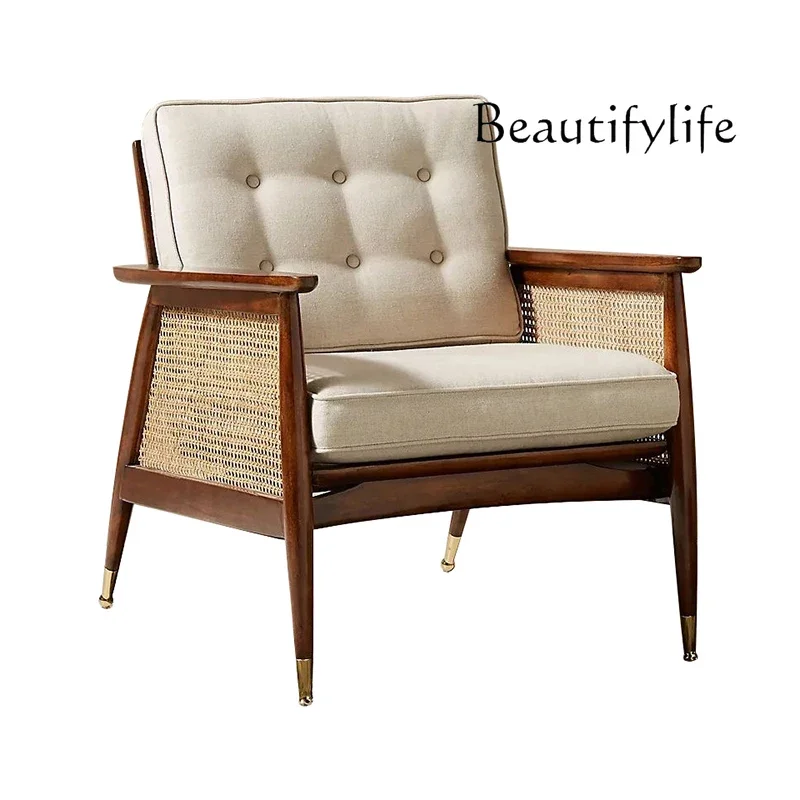 New Chinese solid wood rattan single sofa chair Nordic retro hotel living room leisure back chair