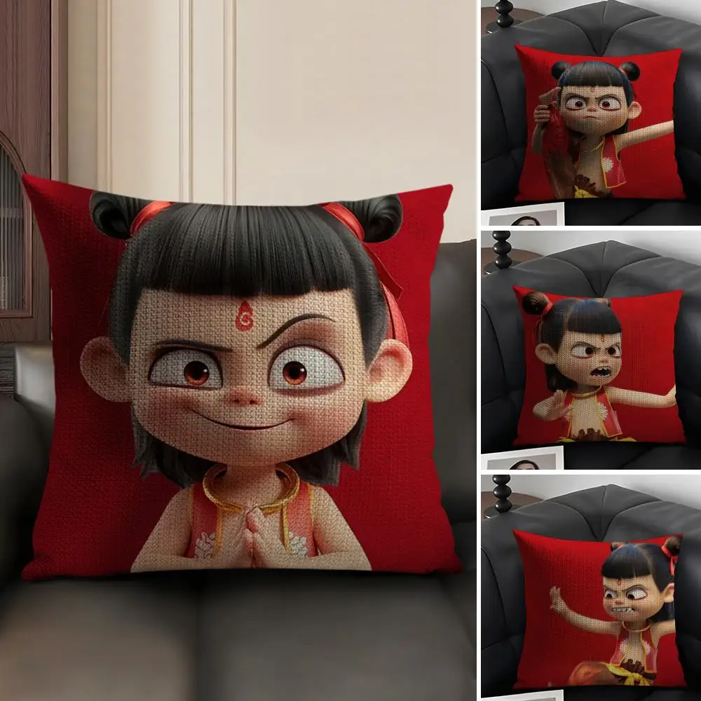 الفيلم الشهير N-Nezha غطاء الوسادة الكتان الطبيعي النسيج العضوي الوجهين الطباعة أريكة ديكور المنزل هدية كيس وسادة #2