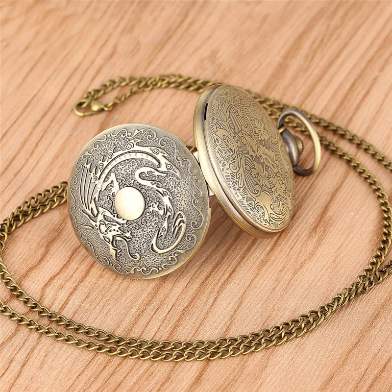 Bronze Fiery Dragon Men Women Analog Quartz Pocket Watch Arabic Number Dial Necklace Pendant Chain Gift  Reloj De Bolsillo