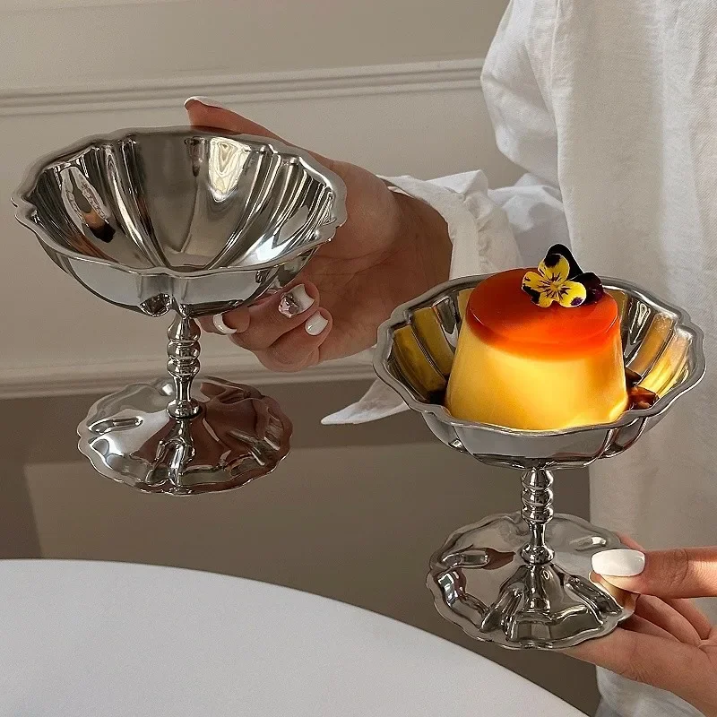 Medieval stainless steel flower high-footed pudding cup dessert ice cream custard bowl ice cream cup