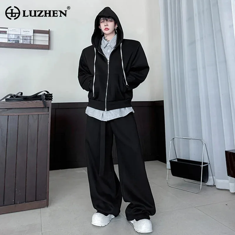 

LUZHEN поддельное пальто из двух предметов с капюшоном, мужские модные свободные прямые спортивные штаны, осень 2023, оригинальные уличные мужские комплекты JY4584