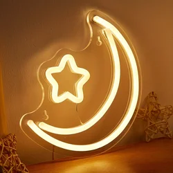 Moon Star Neon Sign Wall Decor for Bedroom, USB Powered 3D Art Neon Sign Light Wedding Bar Party, Gift for Kids Children Girl