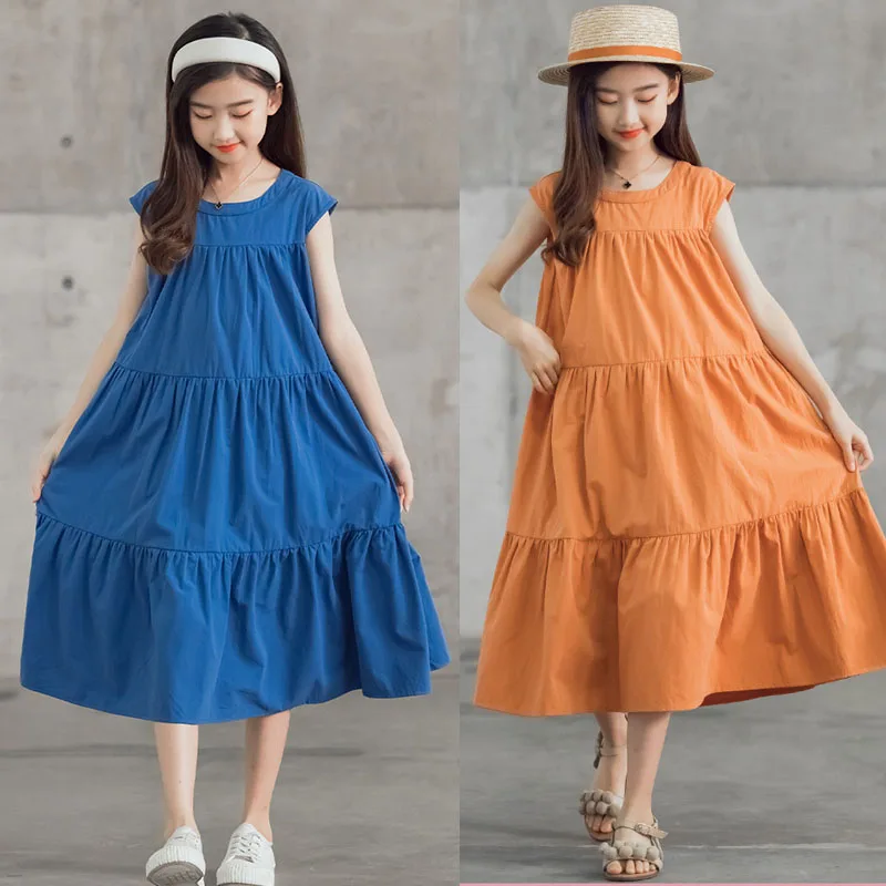 Blue Orange Green Kids Dresses For Girls Summer 2024 New Big Girl Short Sleeve Costume Princess Dress Kids Daily Clothes Holiday