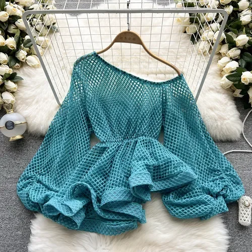 Fashion Skew Collar Mesh Blouse Slim Waist Pleated Lantern Sleeve Loose Shirts 2024 Summer New Casual All-match Pullover Top