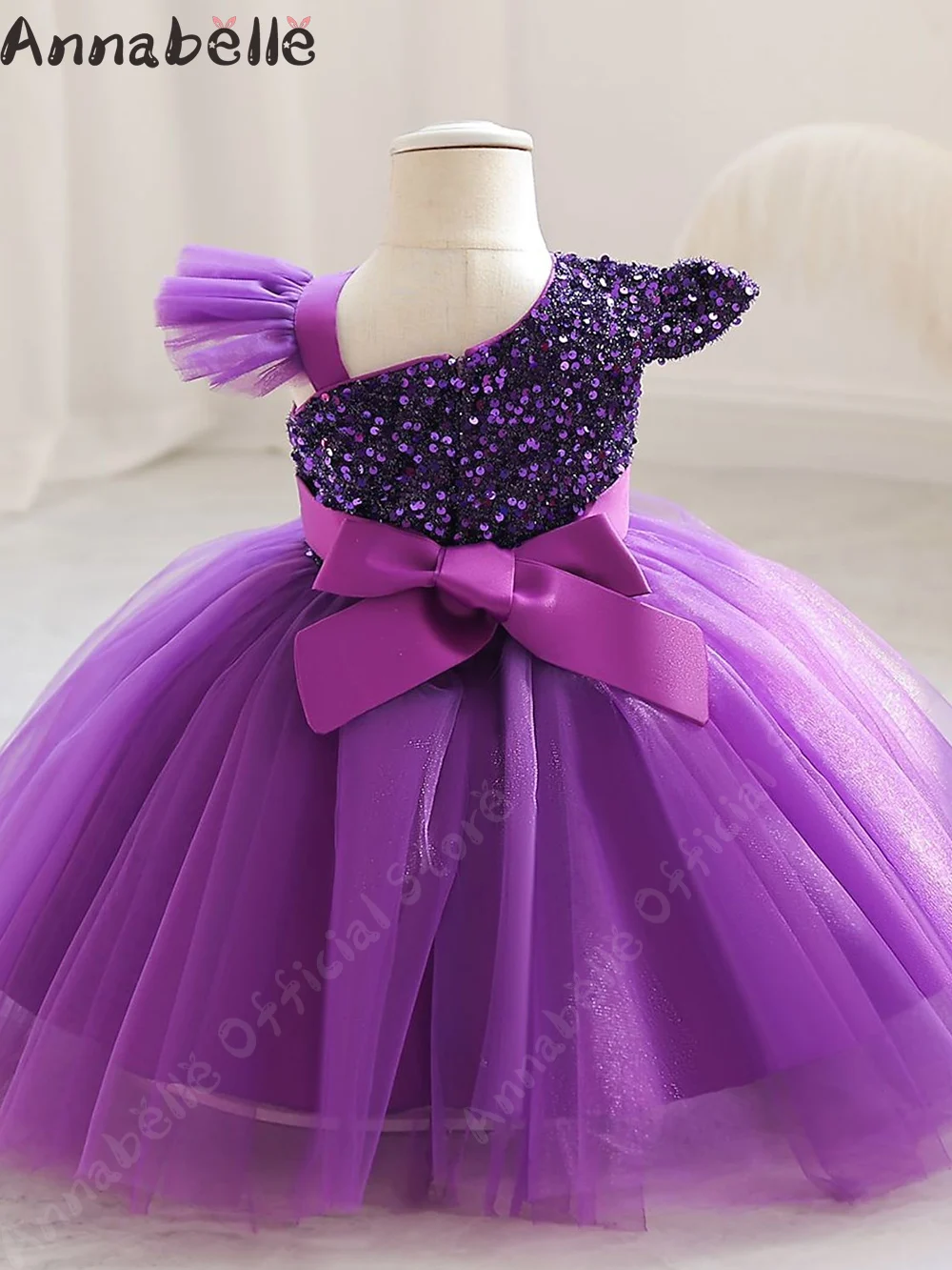 Annabelle-Robe bouffante à sequins pour filles, robe de mariée pour enfants, haut à nœud avec ceinture, design élégant pour mariages