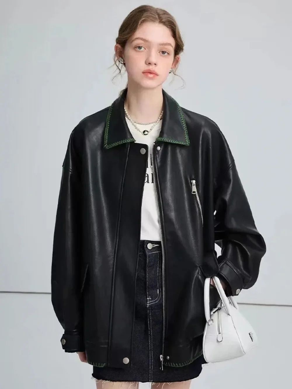 Pop New PU Leather Jacket Minimalist Leather Jacket For Women's 2025 Spring Autumn Motorcycle Style Racer Coats Casual