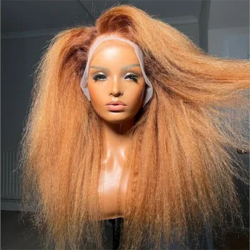 28Inch180Density 갈색 금발 야키 킨키 스트레이트 레이스 프론트 가발 아프리카 여성을위한 Glueless BabyHair Synthetic Preplucked Daily