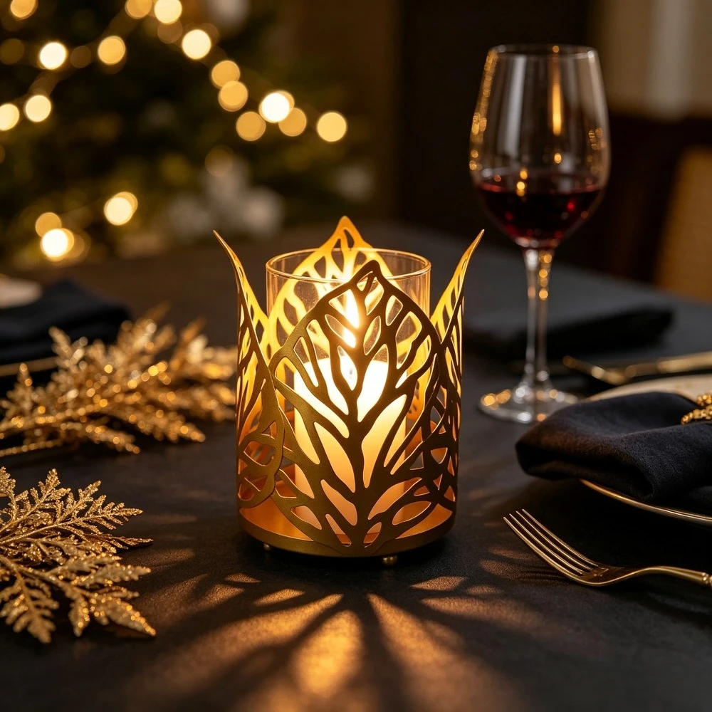Metal Leaf Hollow Candle Holder Crown Shape Tealight Candlestick for Home Table Wedding Party Shadow Decor