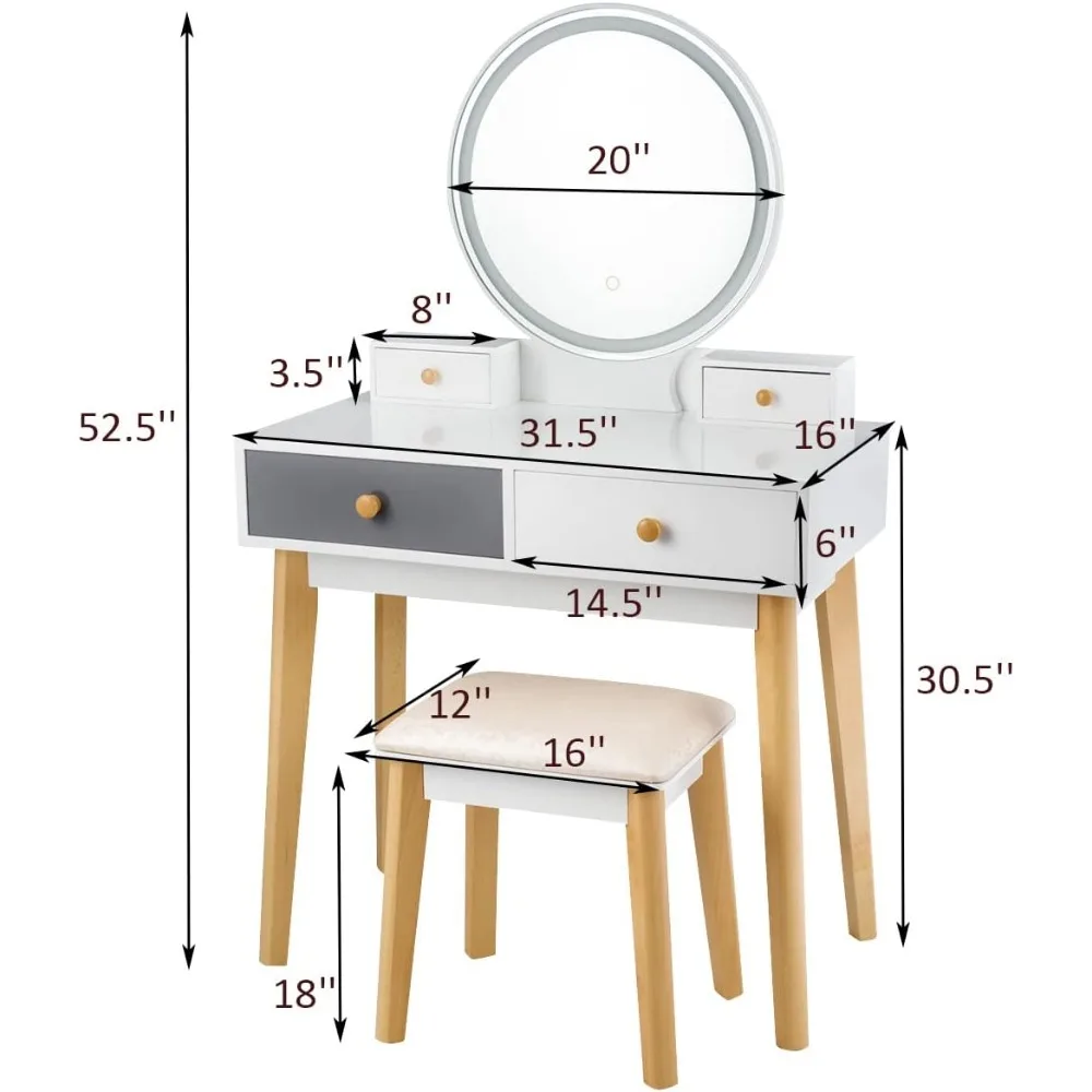 Vanity Set with Lighted Mirror, 3 Lighted Modes Touch Screen Dimming Mirror, Modern Bedroom Makeup Dressing Table