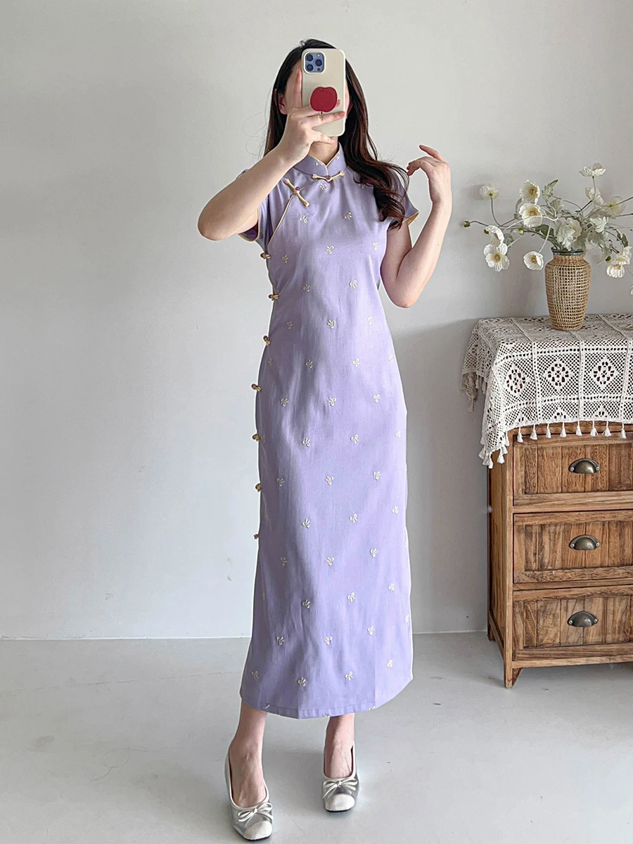 

Молодежный фиолетовый топ в традиционном китайском стиле с открытым воротником, новая версия 2026 года, элегантный, для повседневной носки, дышащий, с коротким рукавом