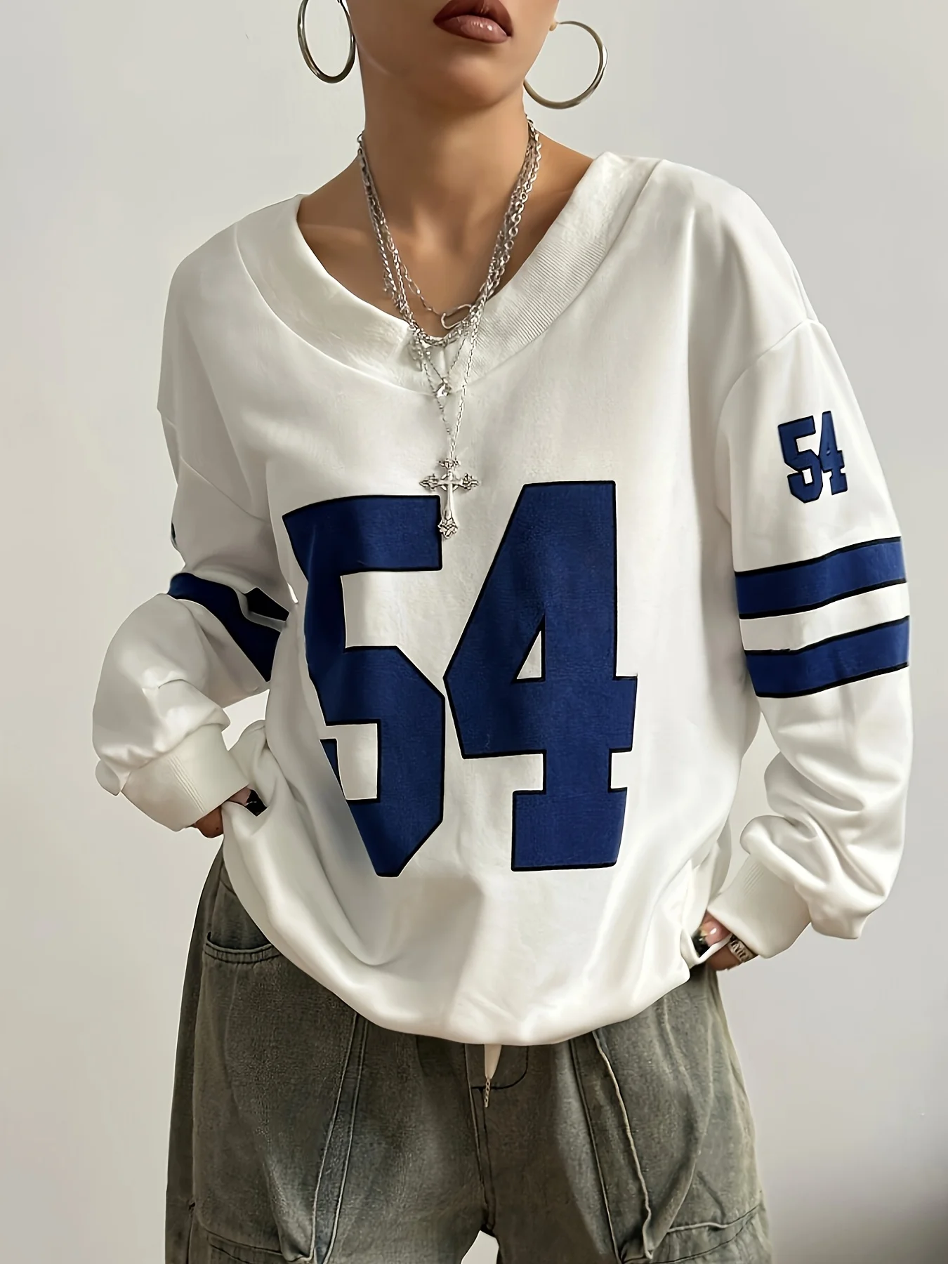 Y2K Vintage No.54 Print V‑Neck Long Sleeve T‑Shirt Women Striped Sleeve Casual Loose Football Jersey Streetwear Tops