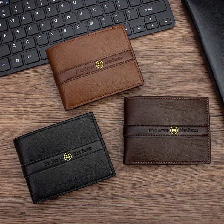 Vintage men's short wallet splicing multi-snap zipper coin pocket change large capacity thin wallet