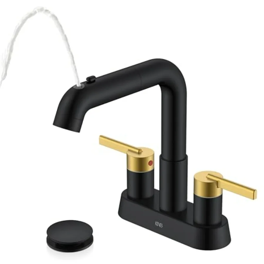 

Bathroom sink faucet for centerset installation brass construction black and gold finish dual-handle 3-hole 4-inch design with