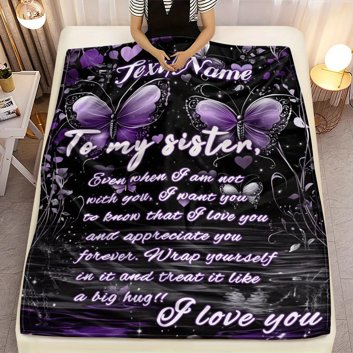 بطانية هدية شقيقة مخصصة - رسالة اسم مخصص "إلى أختي"، رمي الفانيلا الناعمة وخفيفة الوزن مع فراشة أرجوانية #2
