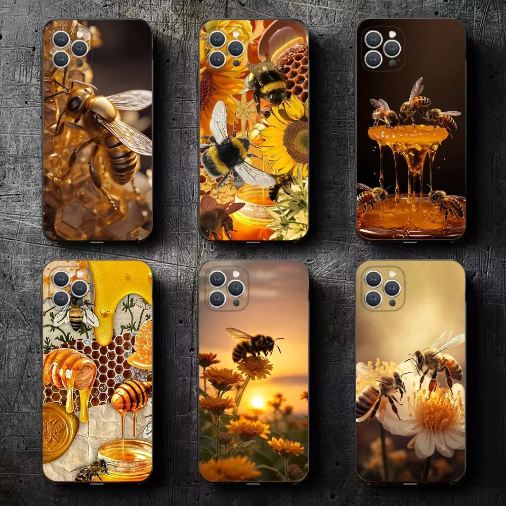 Honey Bee Phone Case For iPhone 16,15,14,13,12,11,Plus,Pro Max,XS,X,XR,SE,Mini,8,7 Soft Silicone Black Cover