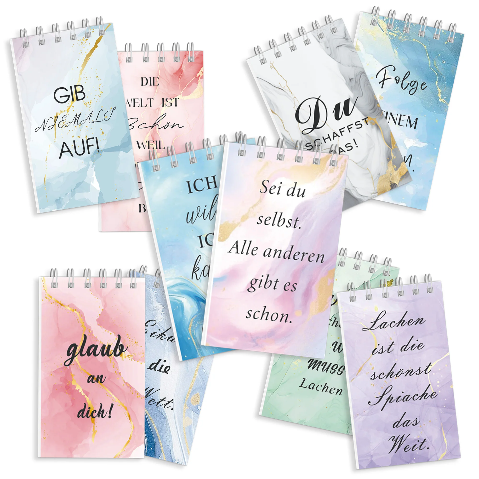 Marble Gold Foil German Quote Mini Spiral Notebook 24 Pages Inspirational Text Print Portable Pocket Notepad Motivational Statio