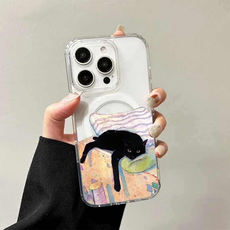 Surfing Black Cat Magnetic Case for Samsung Galaxy S26 S25 Edge S24 S23 Ultra Plus FE A57 A56 A55 A54 A36 A35 A17 A16 A15 Cover