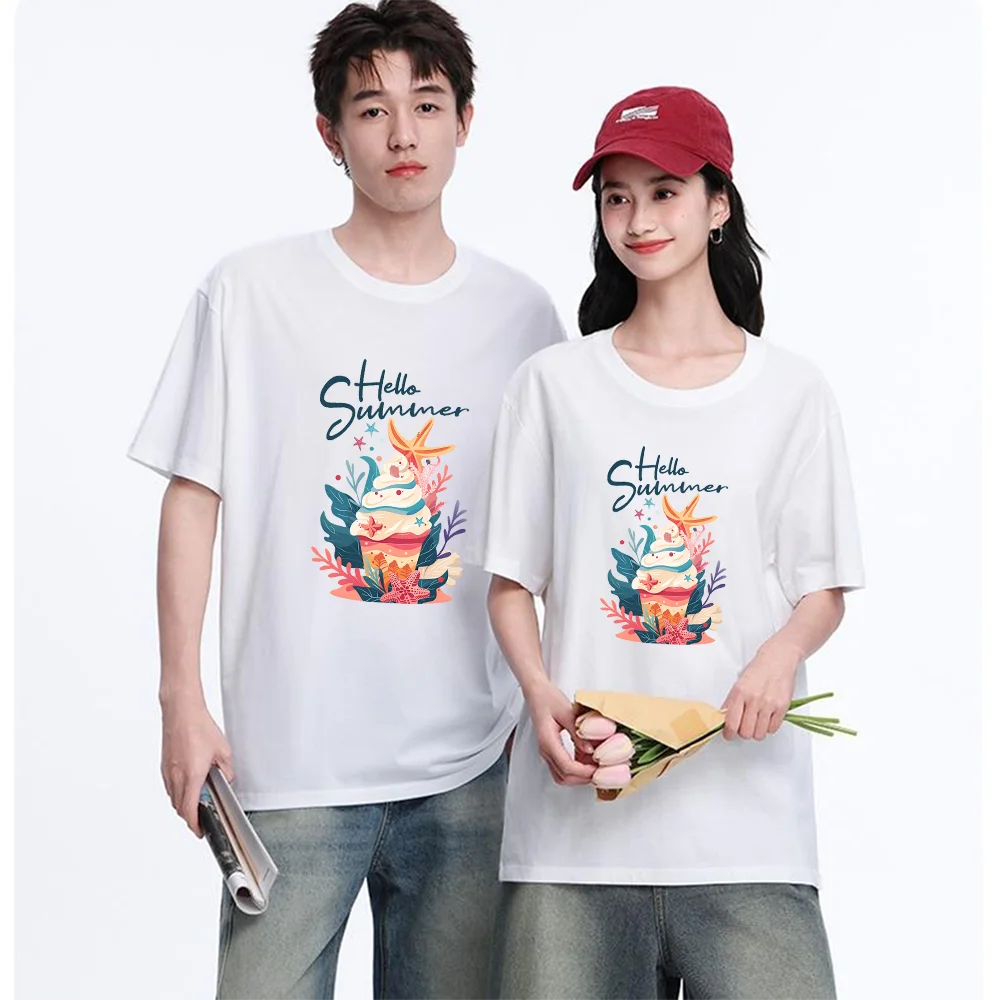 Hello Summer Ice Cream Starfish Coral Printed T Shirt Breathable Fabric S-XXL Personalized Custom Casual Short Sleeve Tee Aesthe