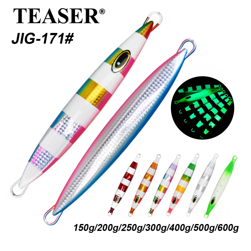 TEASER J171 Slow-Pitch-Jig für Hochsee-Bootsangeln, 150g–600g Leuchtender Salzwasser-Metallköder für Zackenbarsch & Amberjack