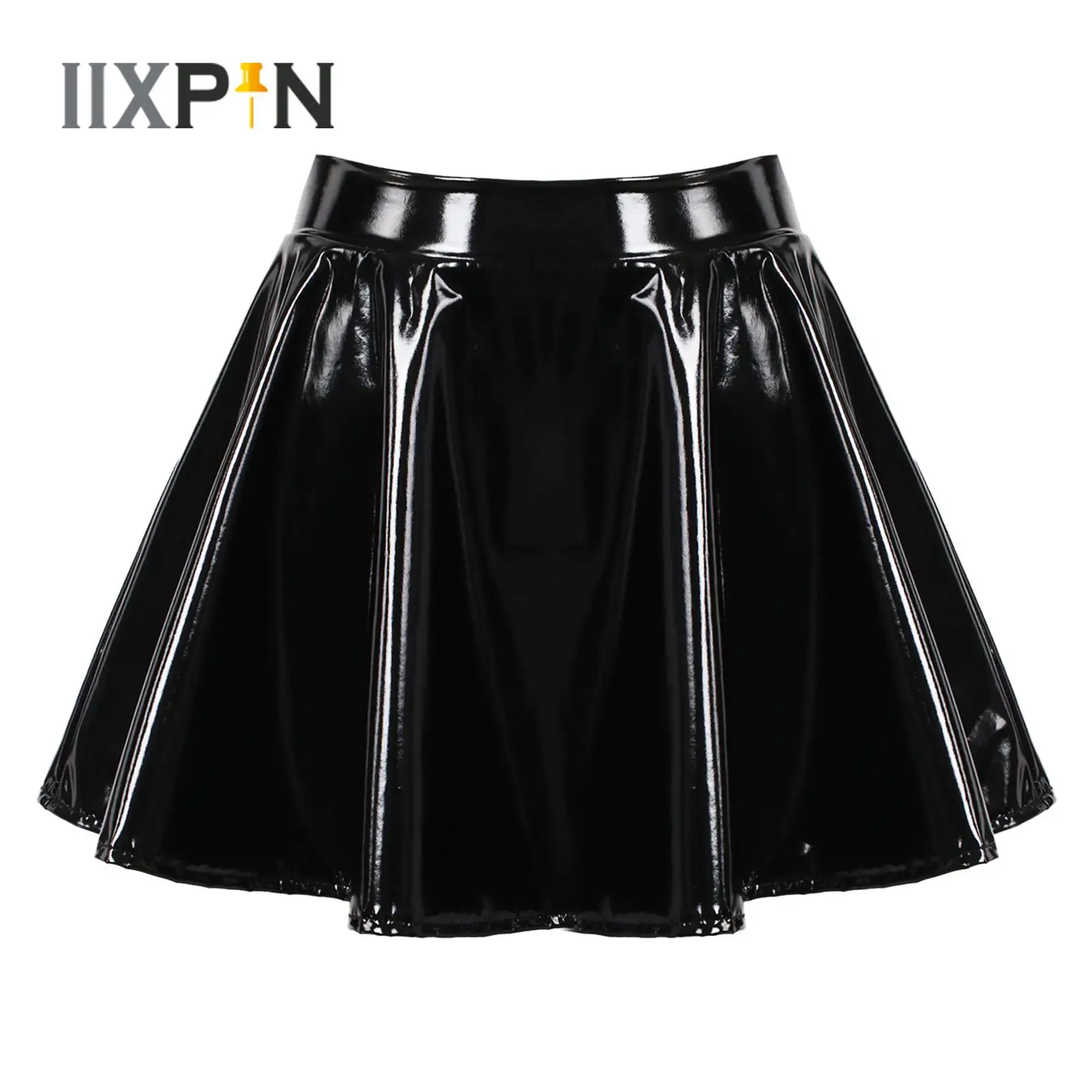 2023 Sexy Patent Leather Flared Skirt Womens Glossy Zipper A-Line Micro Mini Skirts Rave Party Pole Dance Performance Club Wear