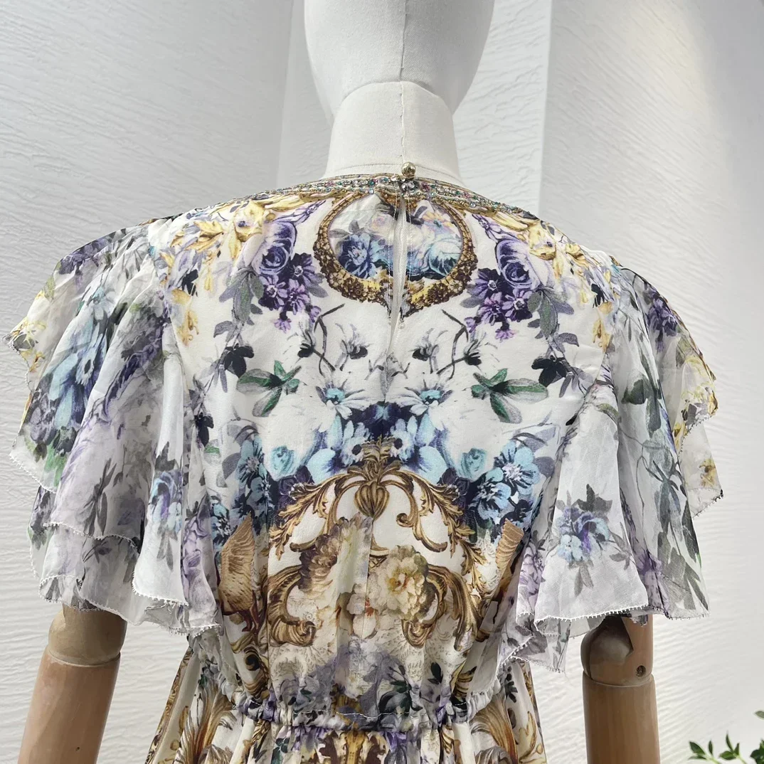 Floral Print Silk Cascading Ruffles Short Sleeve Diamonds 2024 New High Quality Midi Dress for Women