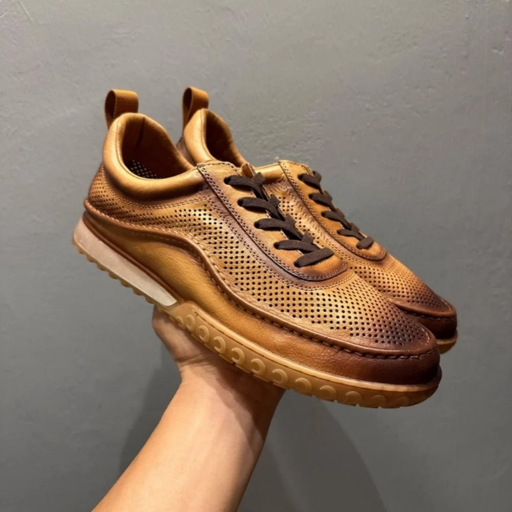 

QHCCID Fashion Vintage Men Casual Sneakers Cow Leather Casual Shoes Breathable Comfortable Sneakers Men's Shoes
