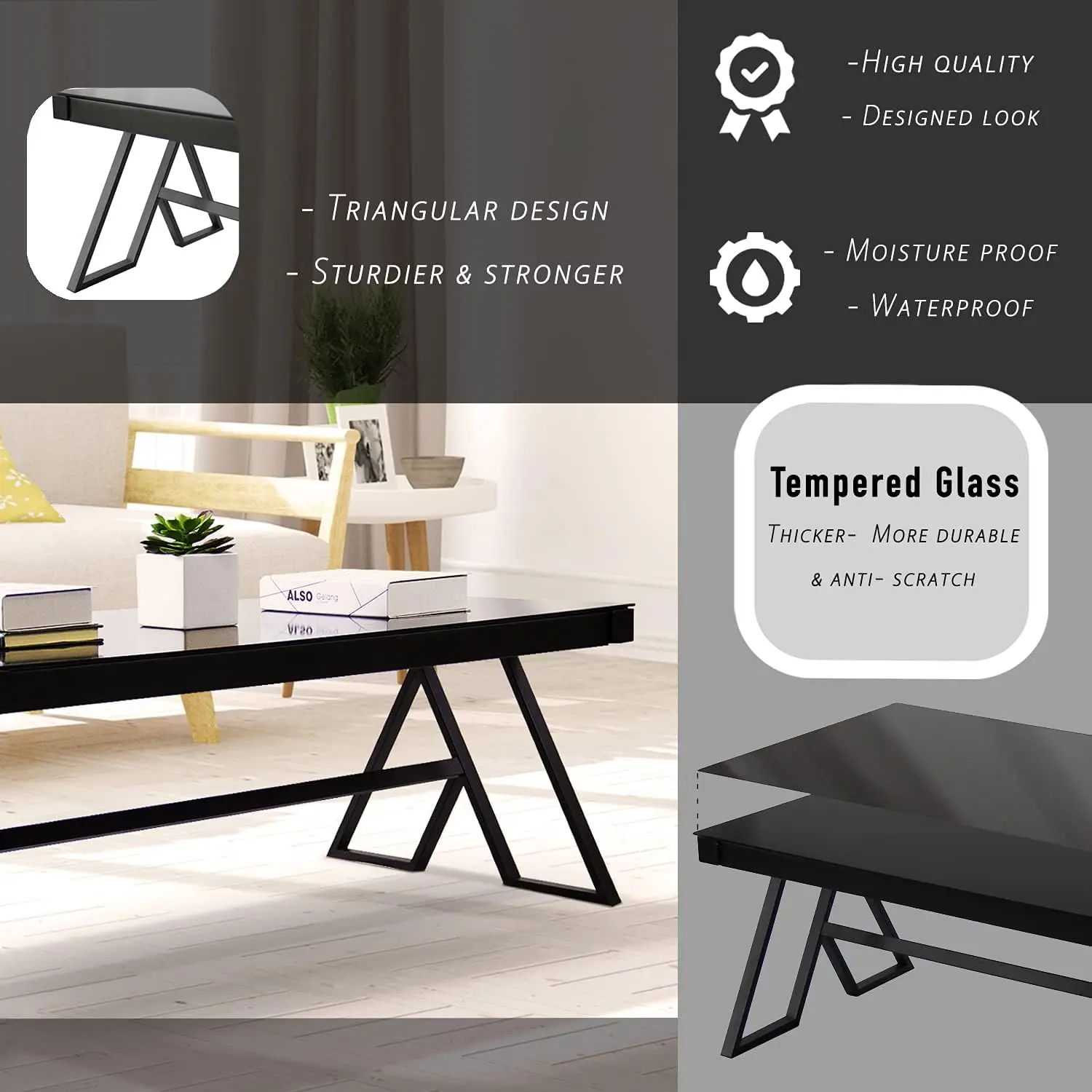 Jerry & Maggie Tempered Glass Tea Table Coffee Table Cocktail Desk Table - Modern Steel Triangular Legs Living Room Desk Decor
