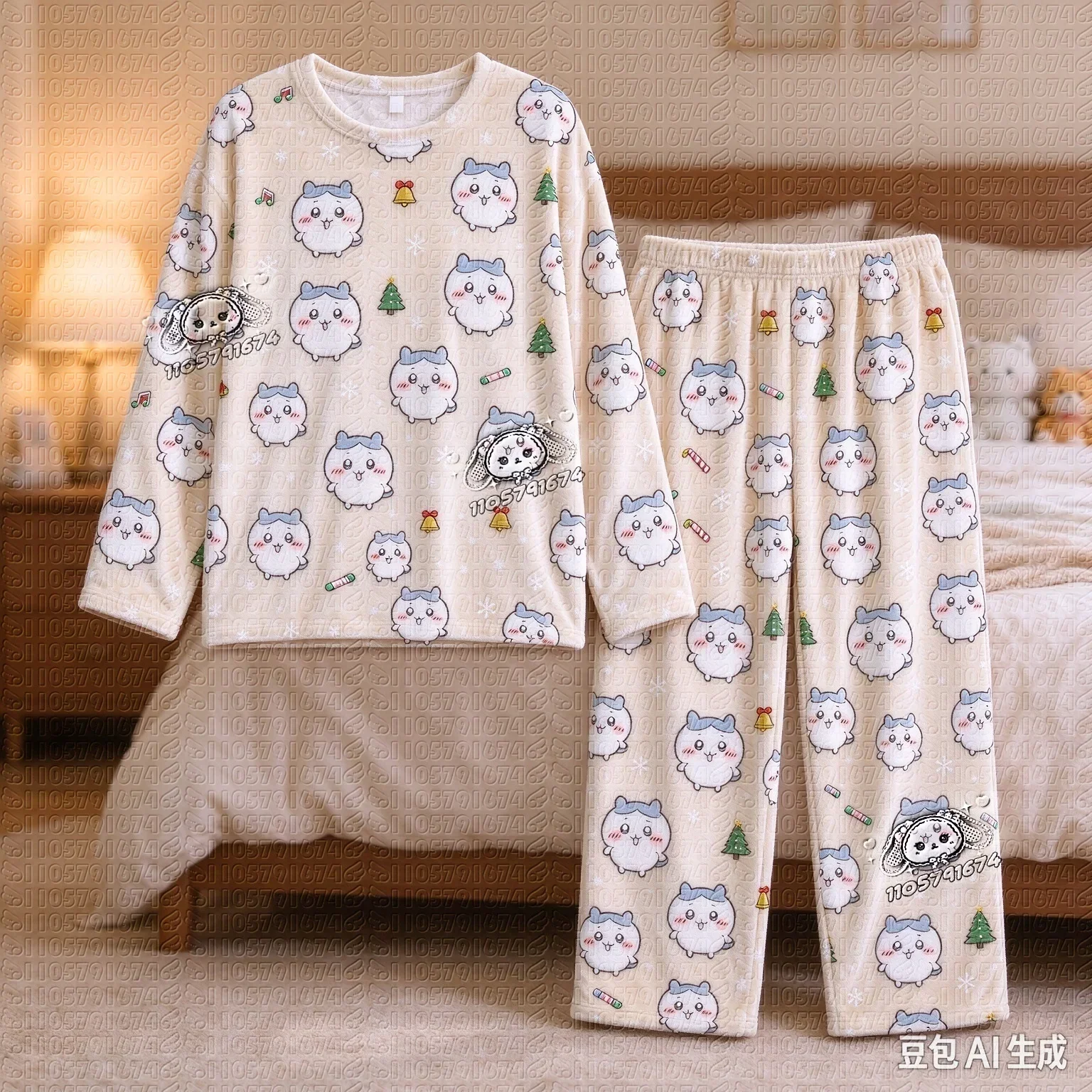 Ensemble de pyjama en flanelle à manches longues de la série Chiikawa 26/27, tenue assortie pour toute la famille pour les fêtes de Noël, unisexe, automne-hiver, 2 pièces, vêtements de nuit