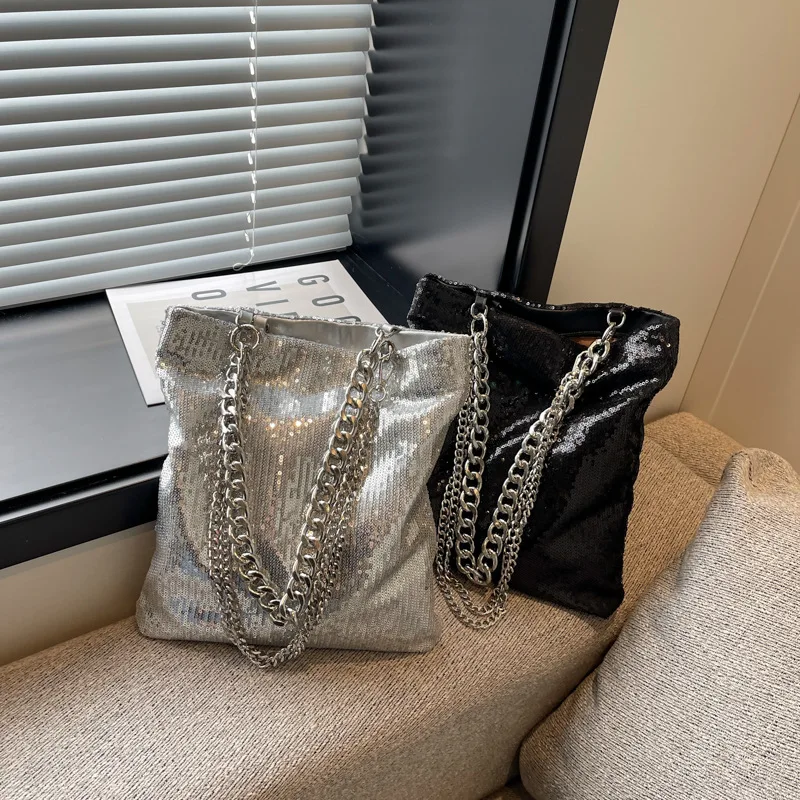 Fashion Women Sequin Handbags Of Chain One-shoulder Diagonal Handbags Designer Simple Cloth Bags Large Capacity Women\'s Bags